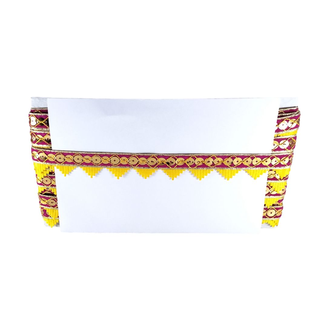 Decorative table skirt with colorful patterns on a white background
