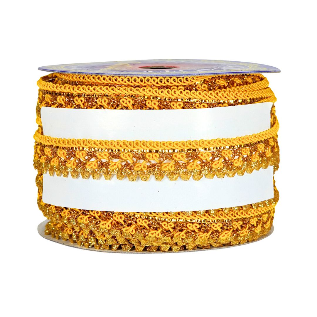 Spool of gold sequin ribbon on a white background