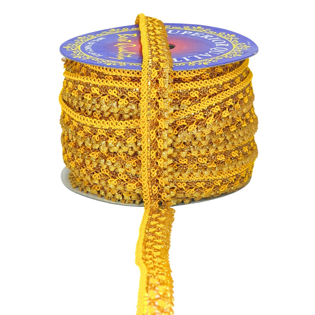 Spool of yellow sequin ribbon with a visible brand label on a white background