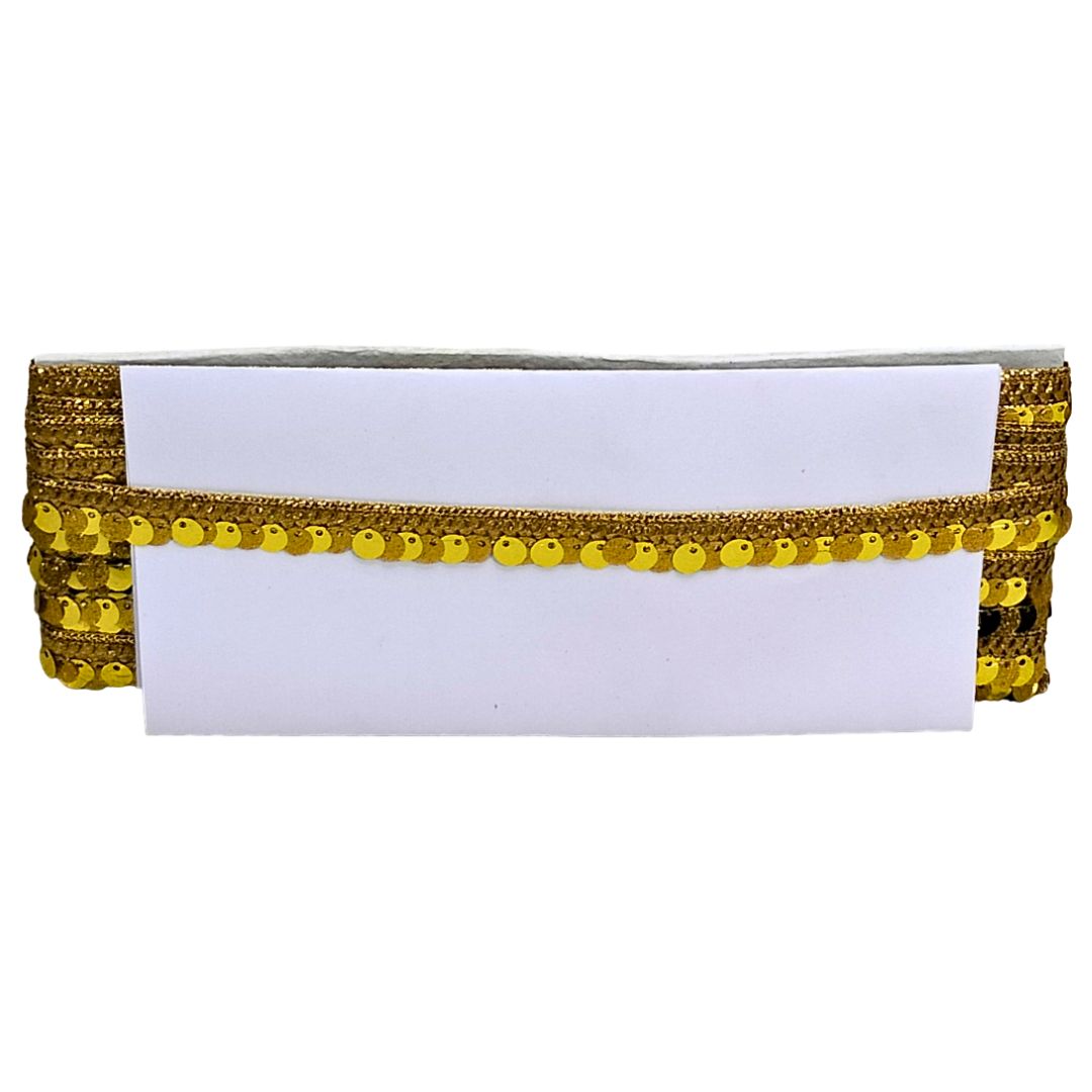 White card with gold border and yellow beads on a white background