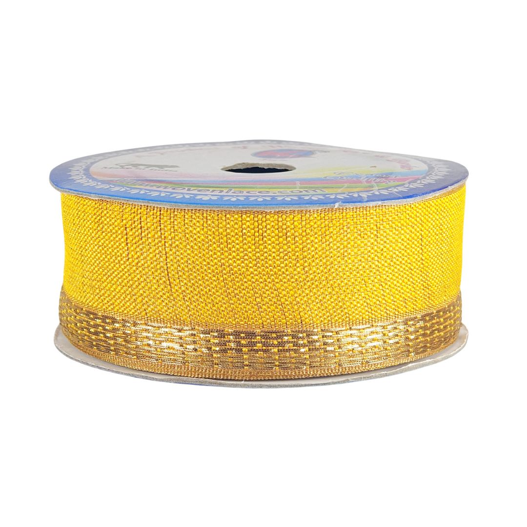 Spool of yellow ribbon with gold edge on a white background