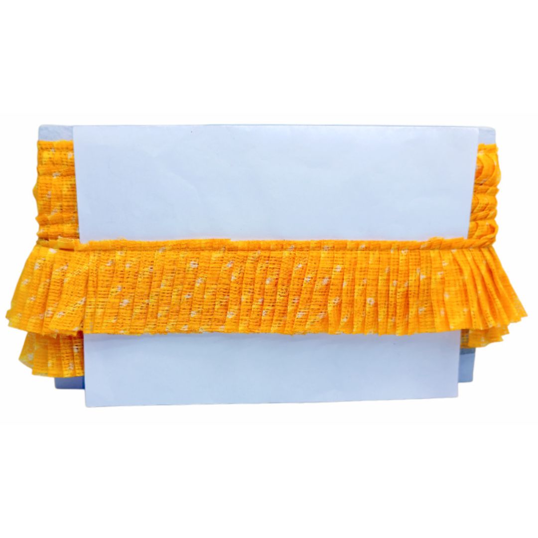 Light blue clutch with yellow ruffled edge on a white background