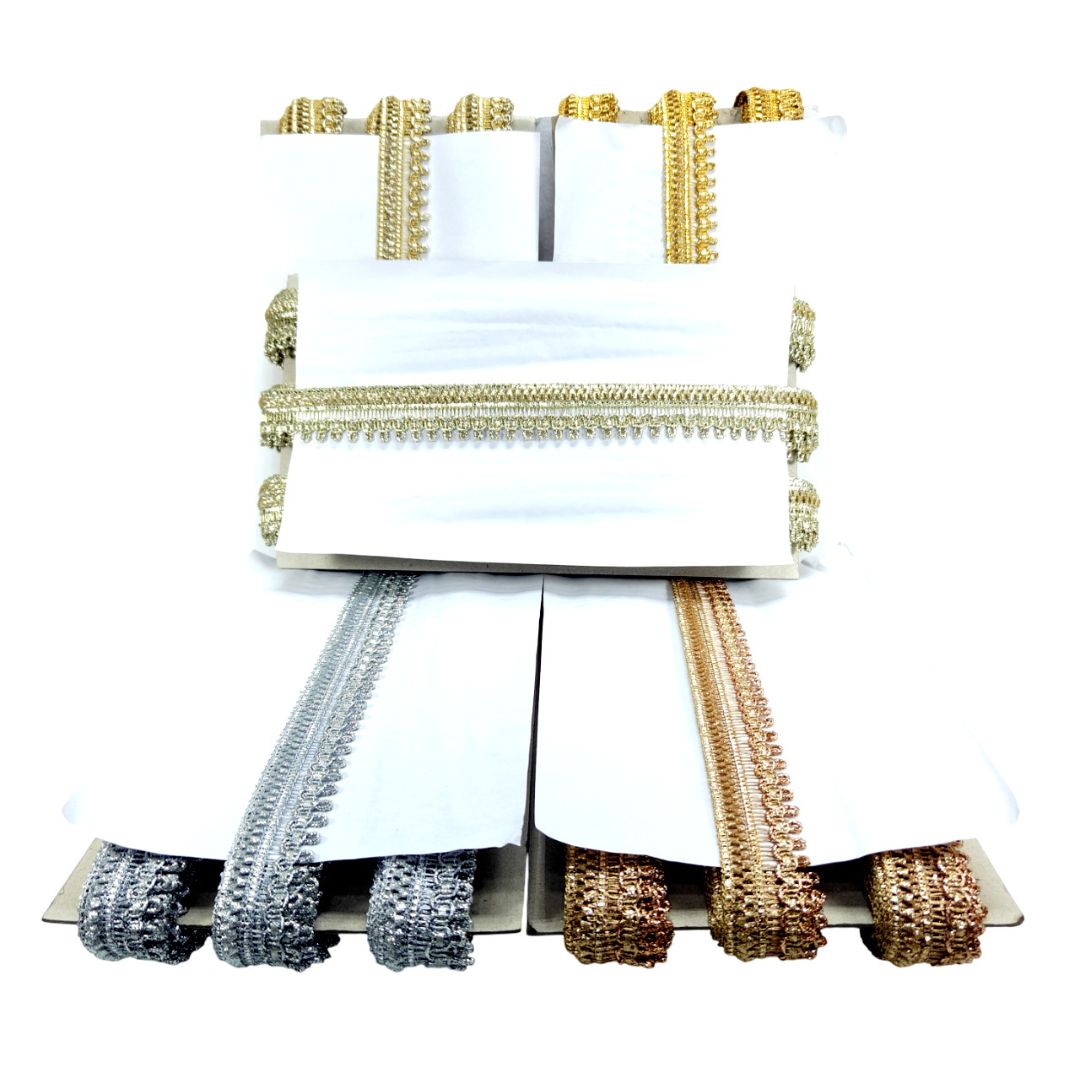 Decorative headbands with gold, silver, and bronze colors on a white background