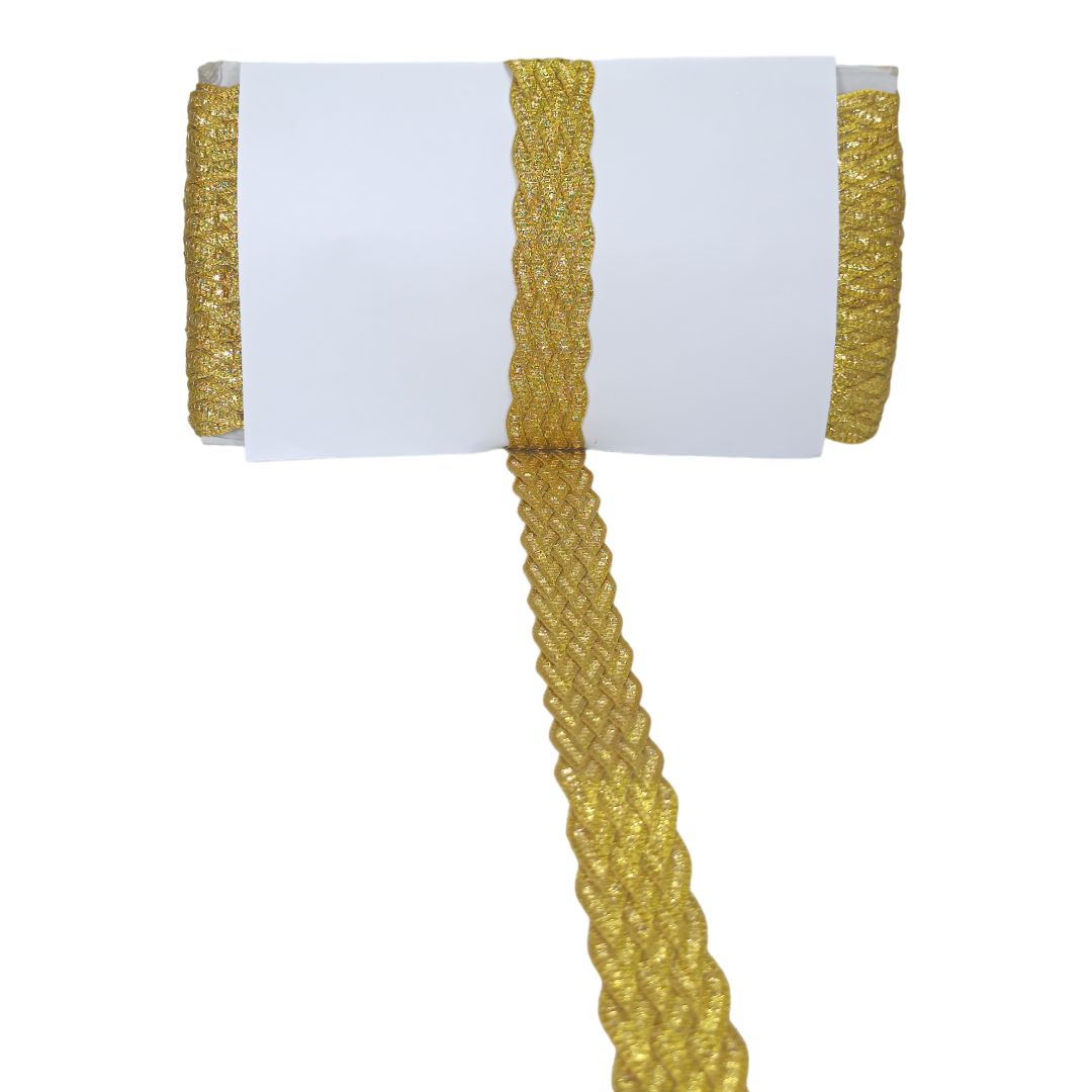 Gold braided cord with a white label on a white background
