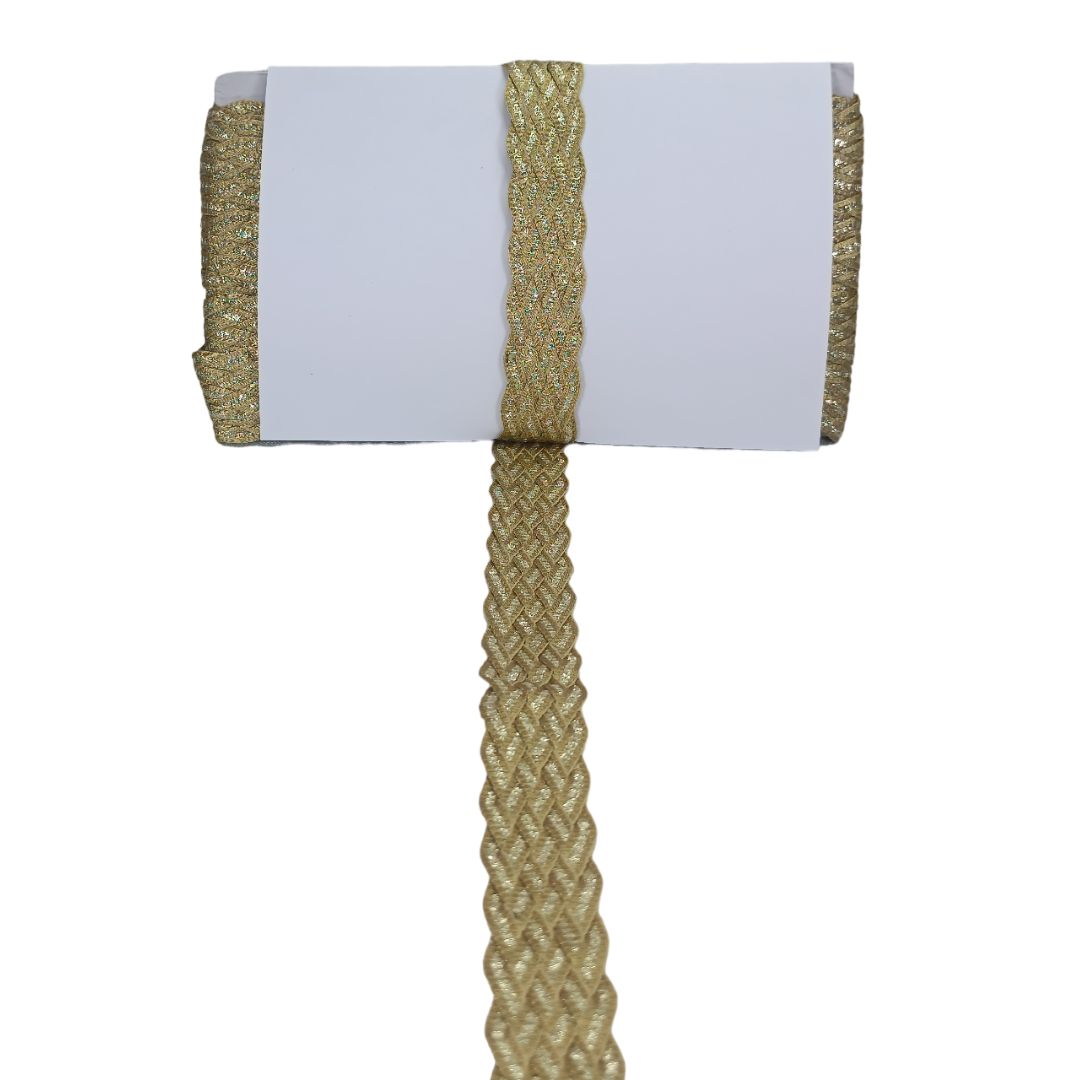 White lampshade with gold braided trim on a white background