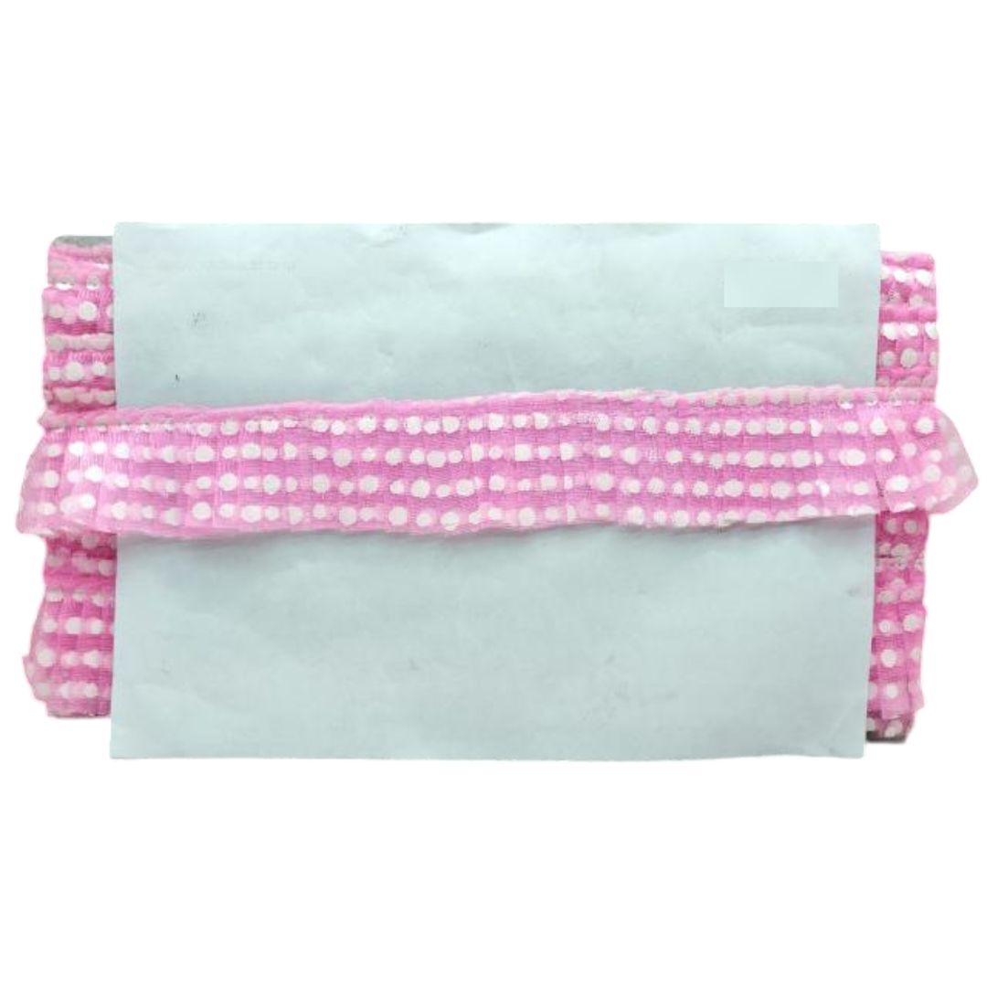 Light blue fabric with pink polka dot trim on a white background