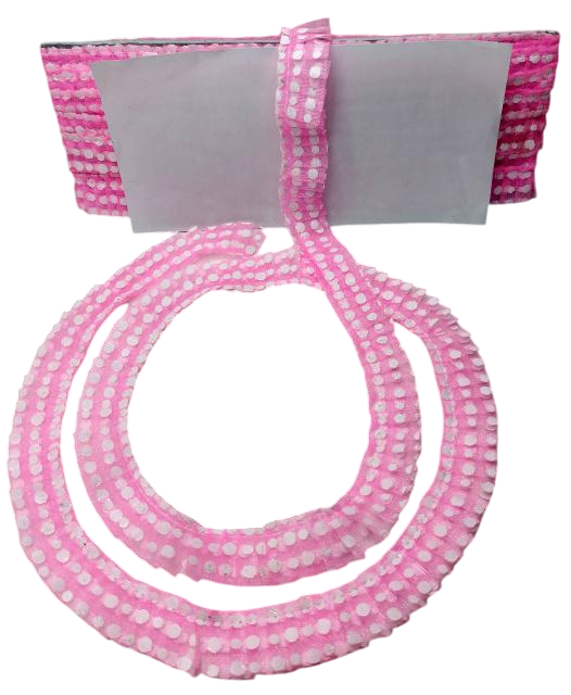 Pink and white polka dot dog collar with matching leash on a gray background