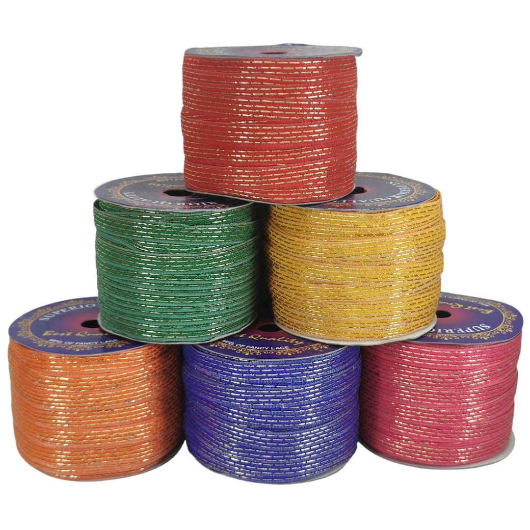 Stack of colorful spools of thread on a white background