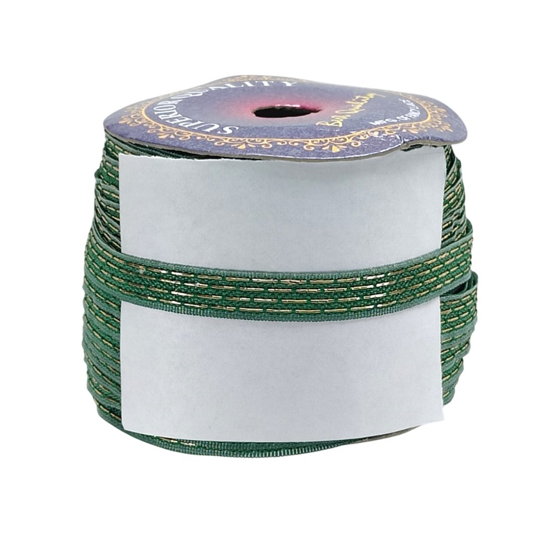 Spool of green ribbon with a purple label on a white background