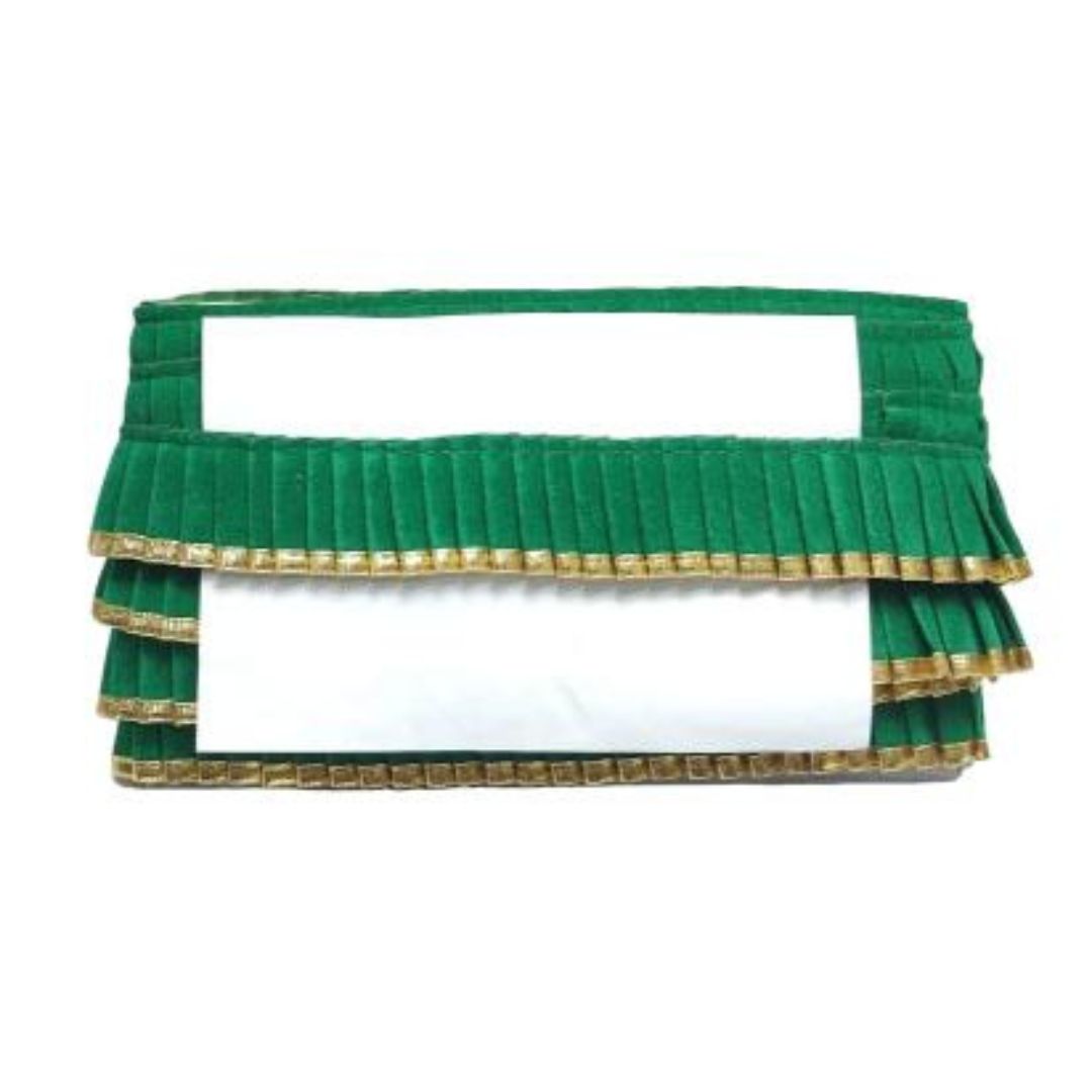 Green pleated clutch with gold trim on a white background