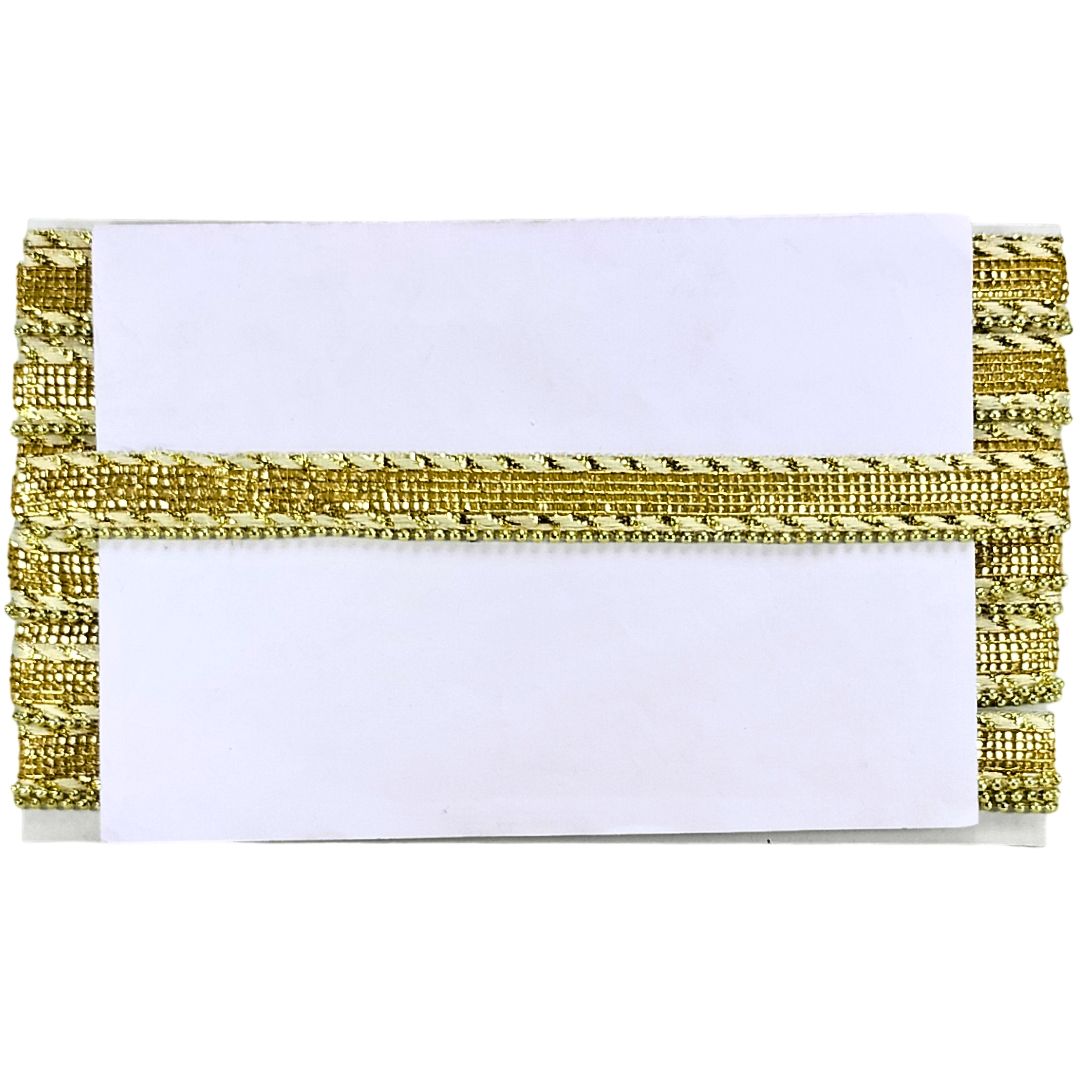 White card with gold decorative border on a white background