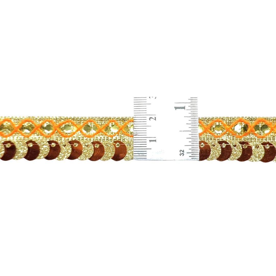 Decorative ribbon with birds and a measuring tape for scale on a white background