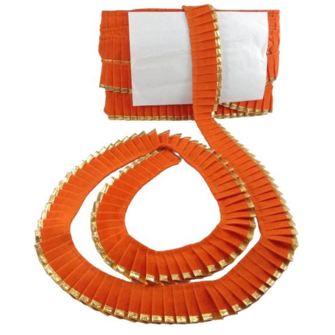 Orange pleated fabric with gold trim on a white background