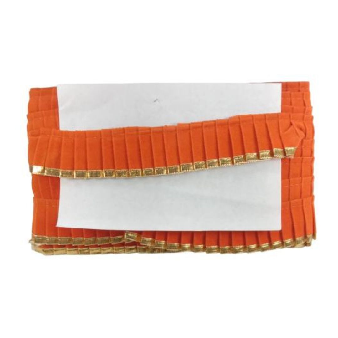 Orange pleated fabric with gold trim on a white background