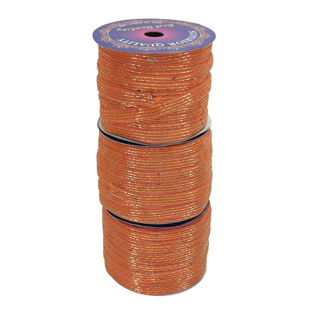 Stack of orange spools with a purple label on a white background