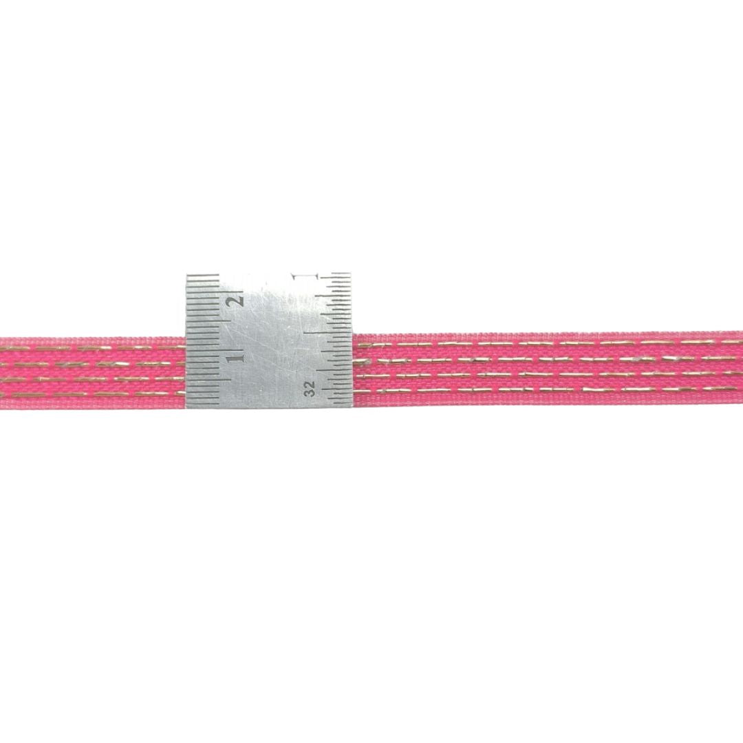 Pink measuring tape with silver markings on a white background