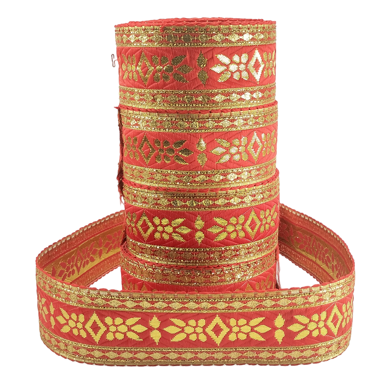 Red and gold decorative ribbon with intricate patterns on a white background