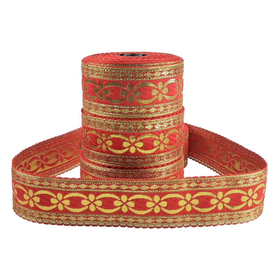 Red and gold decorative ribbon on a white background