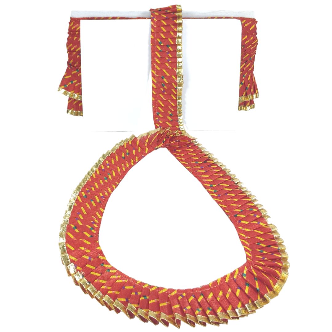 Red and yellow woven necklace on a white background
