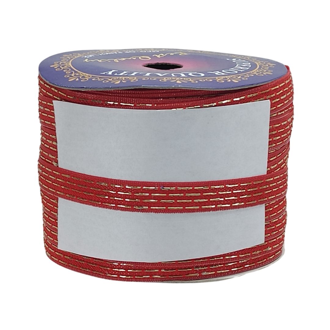 Roll of red ribbon with gold lace on a white background