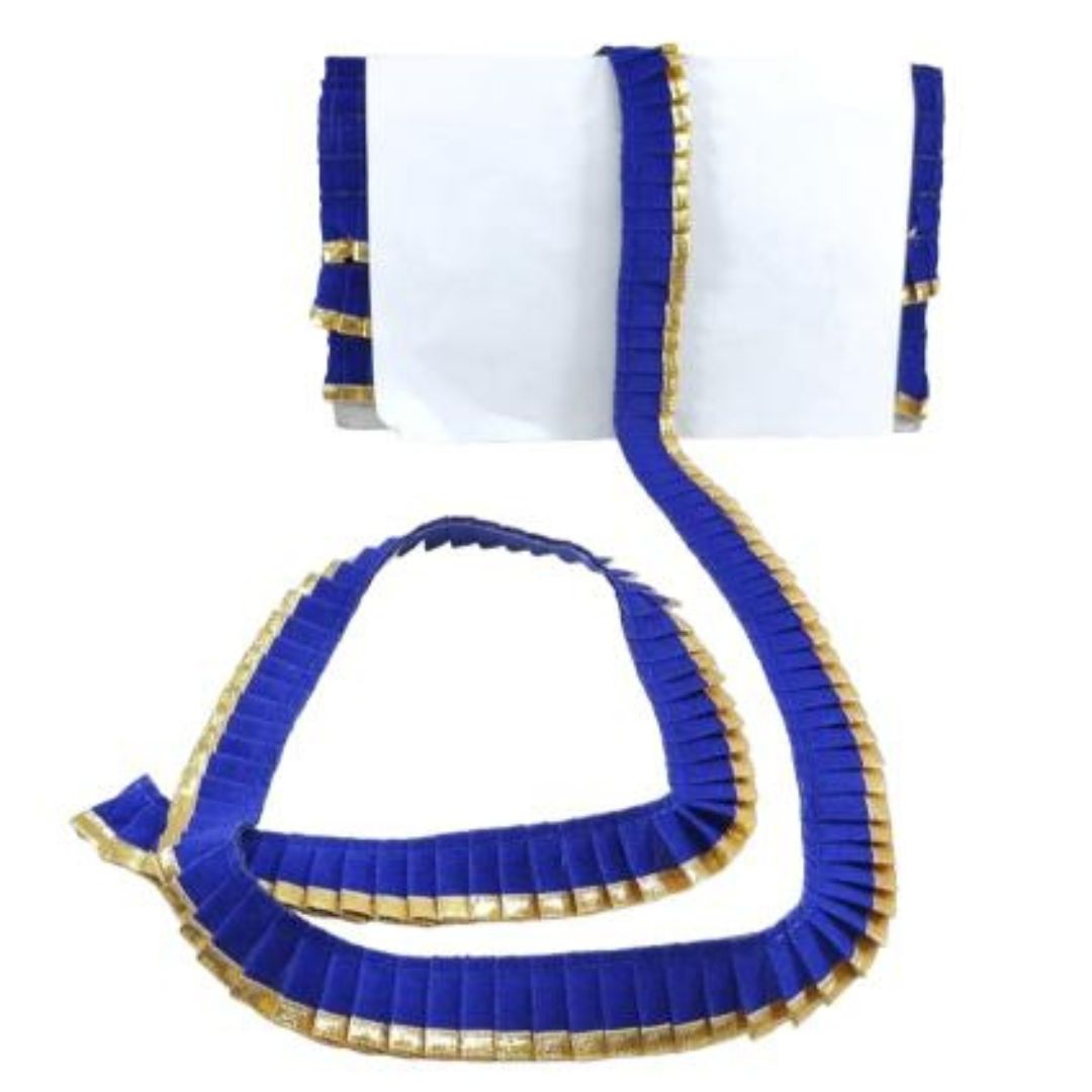 Blue decorative ribbon with gold trim on a white background