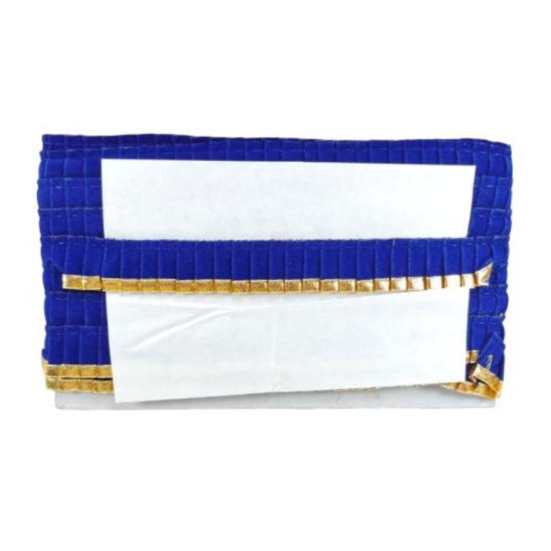 White clutch with blue and gold accents on a white background