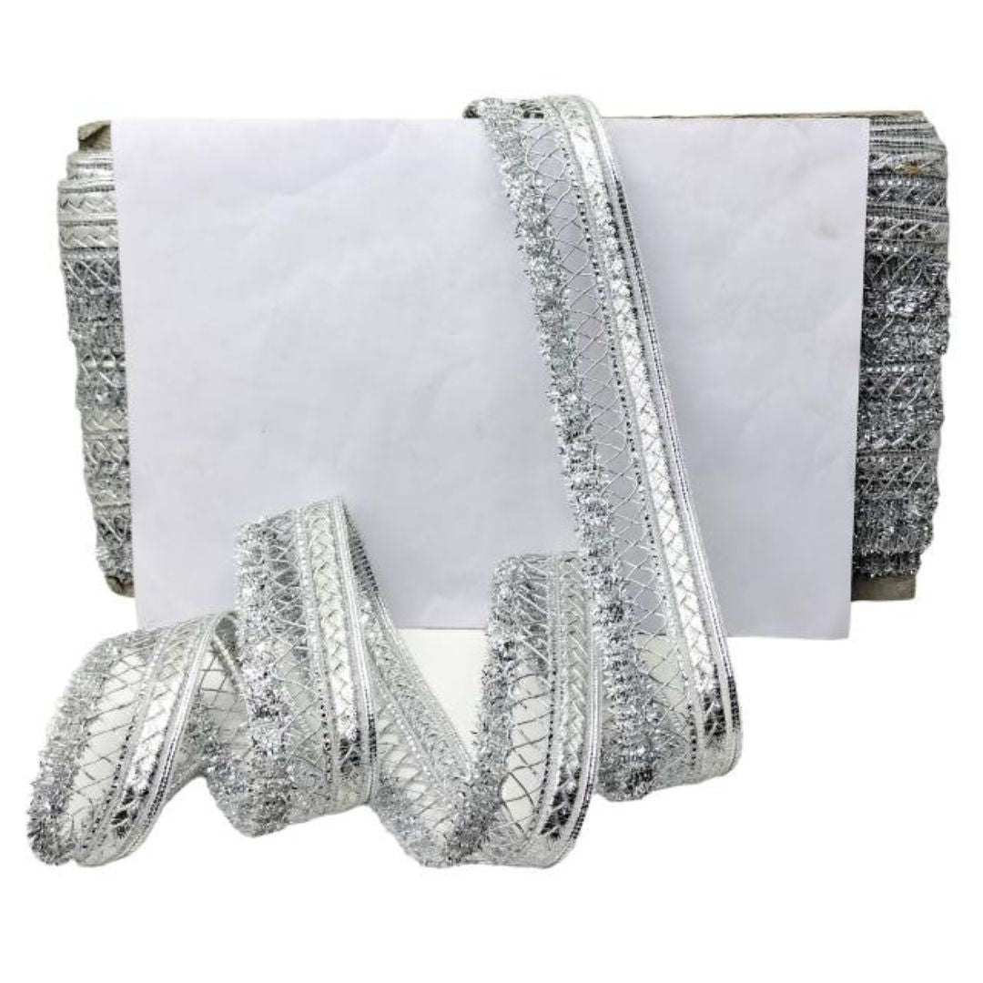 Silver decorative ribbon on a white background