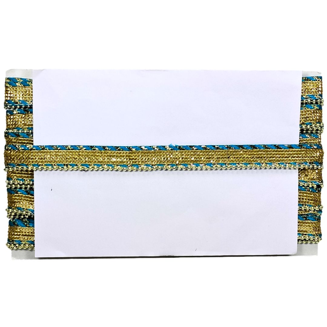 White card with decorative gold and blue trim on a white background