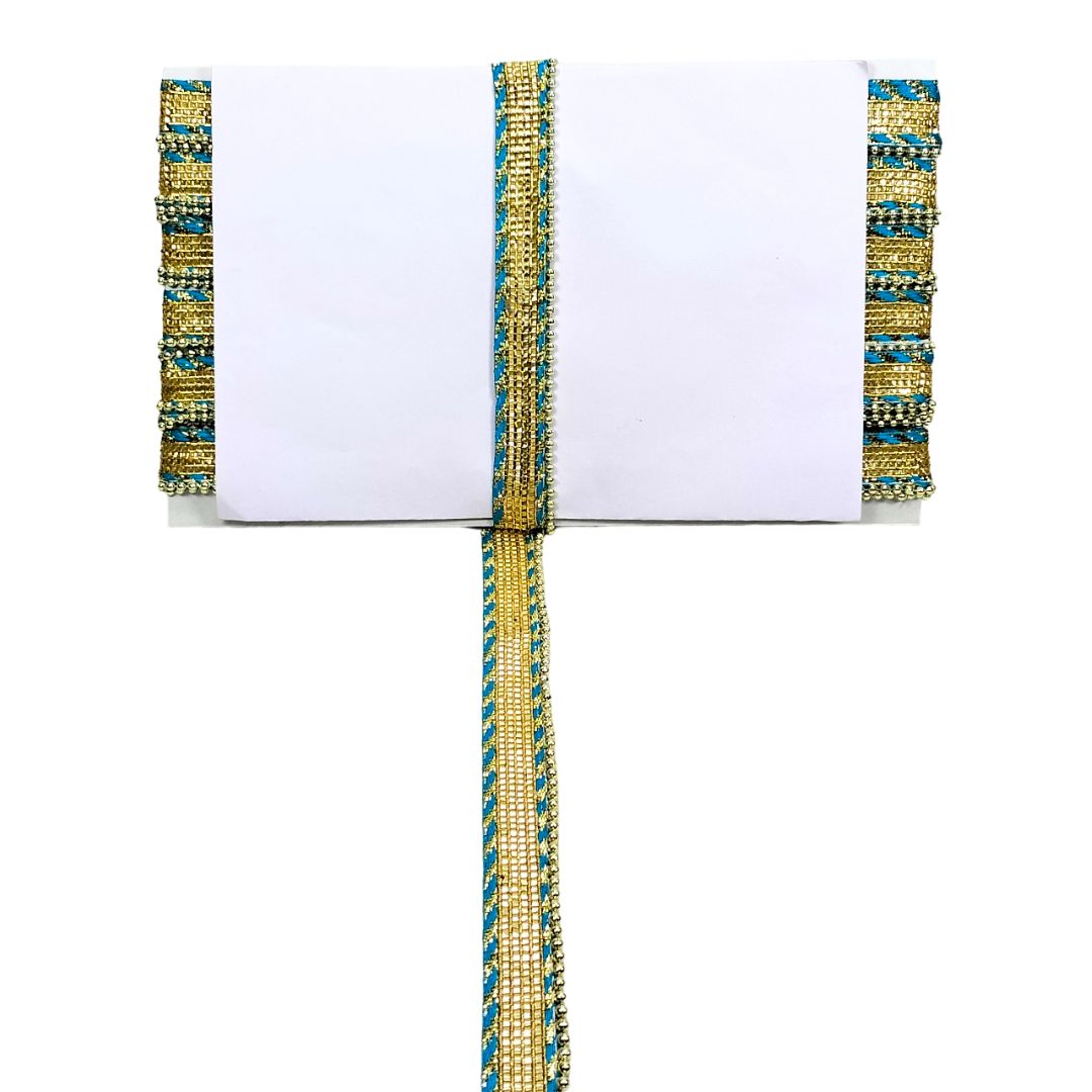 Decorative ribbon with gold and blue pattern on a white background