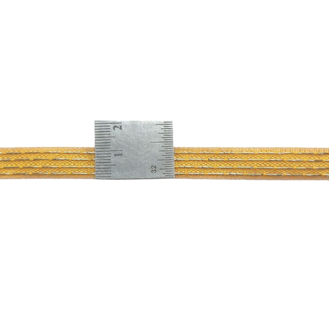 Yellow braided cable with a silver label on a white background